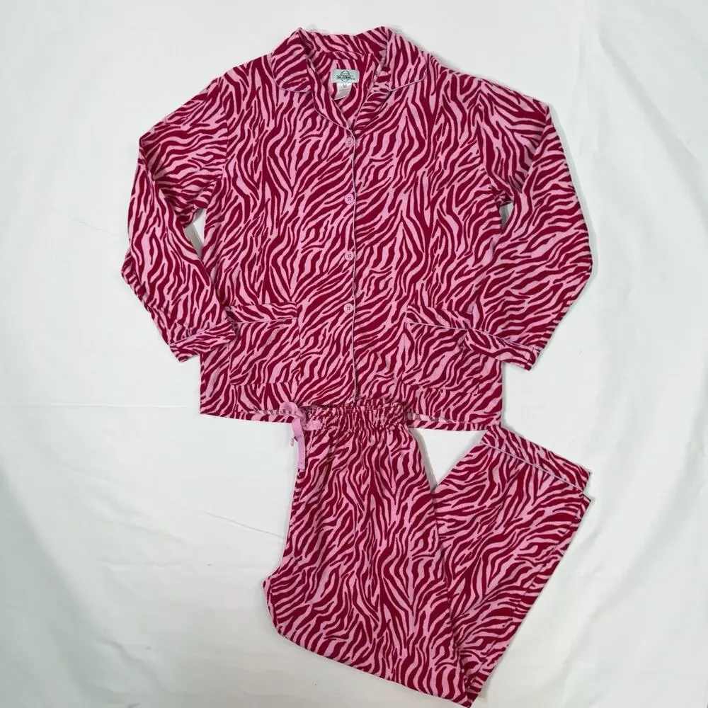 Global Flannel Pajamas Women M Pink Zebra Print 2 Pc Sleepwear Pants Set